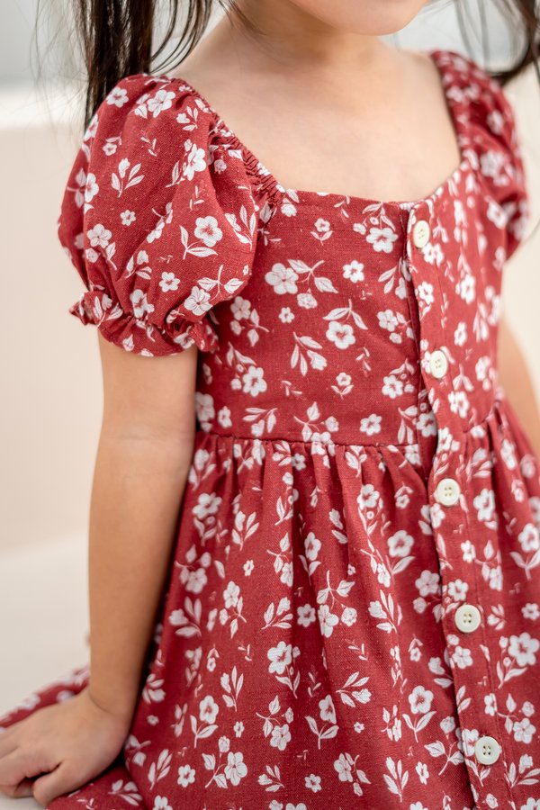 Floral Bliss Linen Bubble Puff Sleeve Girl Dress