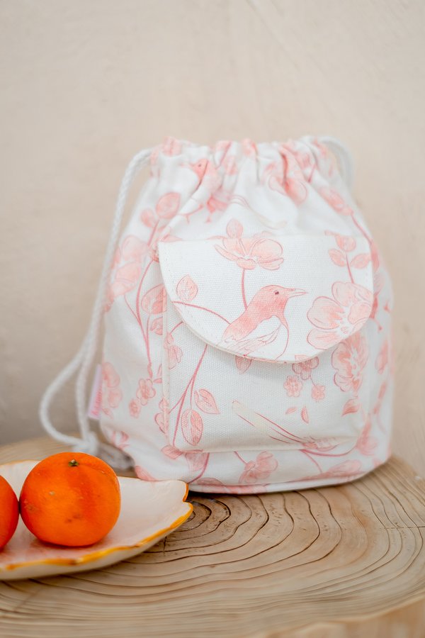 Magpies & Peonies Canvas Dumpling Drawstring Bag