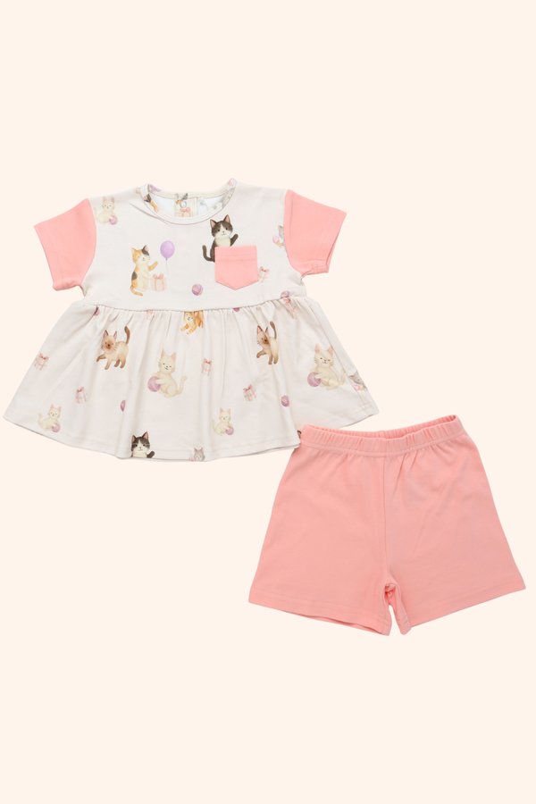 Party Cats Pocket Sleeved Babydoll Top & Shorts Set