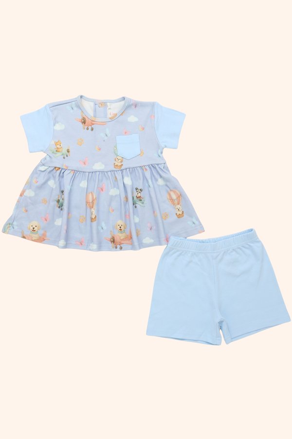 Air Travel Puppies Pocket Sleeved Babydoll Top & Shorts Set