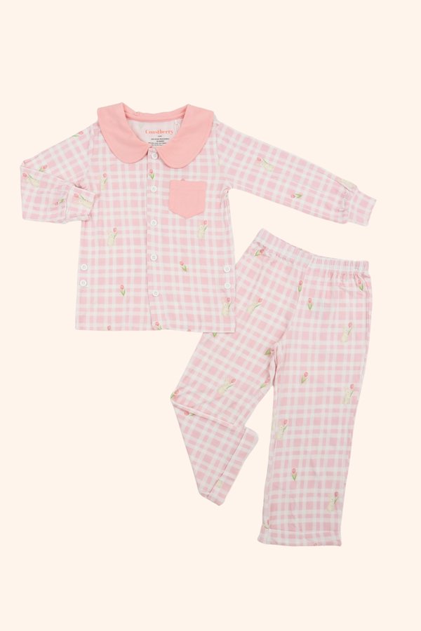 [Kids] Bunny's Tulip Garden Peter Pan Collar Bamboo Button-Up Pyjamas Set